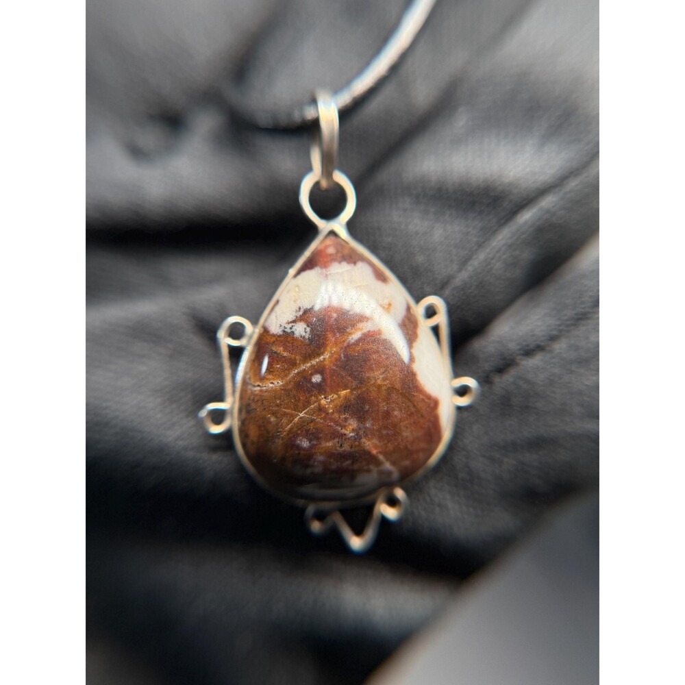 Sterling Silver Picture Jasper Pendant Necklace Leather Cord Teardrop Stone 17.5
